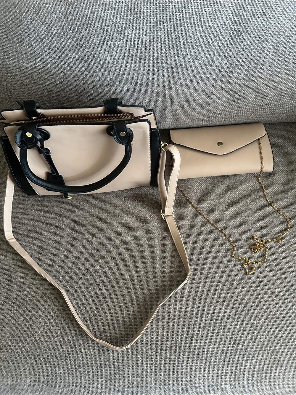 Cream and Black Women's Satchel Handbag with Matching Clutch